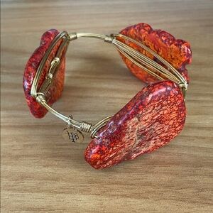 Bourbon and Bowties Gold-Tone Wire Bracelet with Red and Orange Marbled Stones